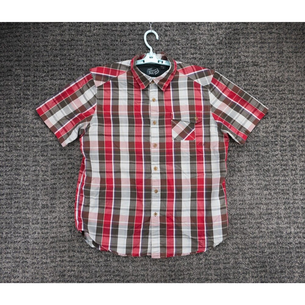 Fox Racing Shirt Mens XL Brown Red White Check Plaid Short Sleeve Logo Casual